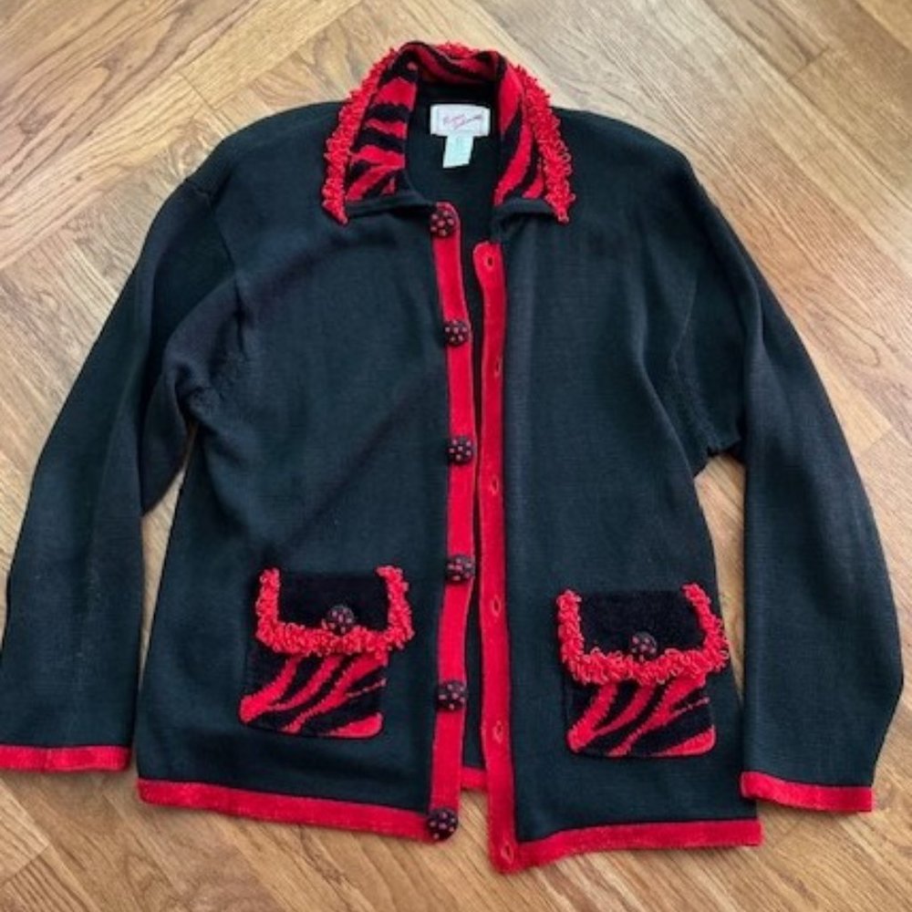 Sweater- Black with red trim zebra elements from "Ronnie Salloway" - size Large